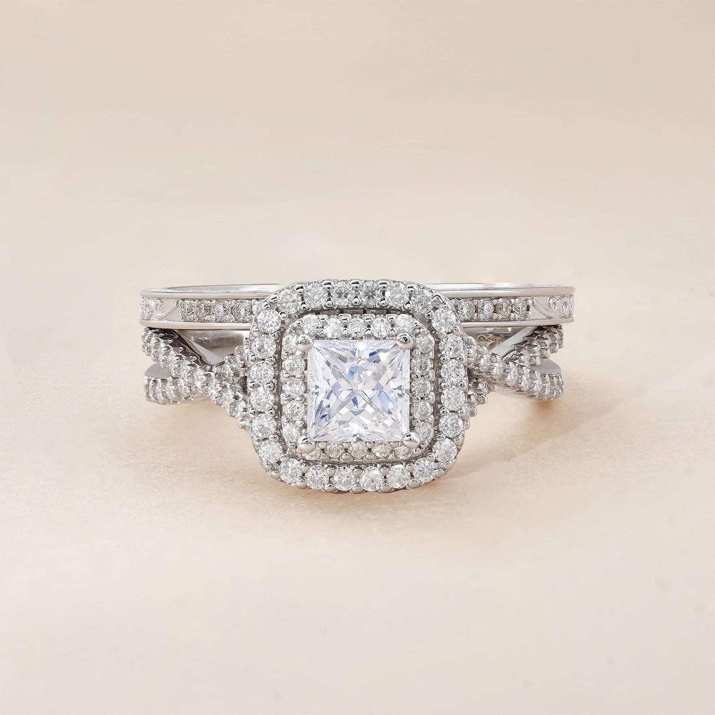 JeenMata 1.25 karat - Kvadrat Moissanit - Cüt Halo - Bükülü Band - Vintage Terinə Uyğun - Pave - Zərif Üzük Dəsti 18K Ağ Qızıl Örtülü Qadınlar Üçün YoxYox