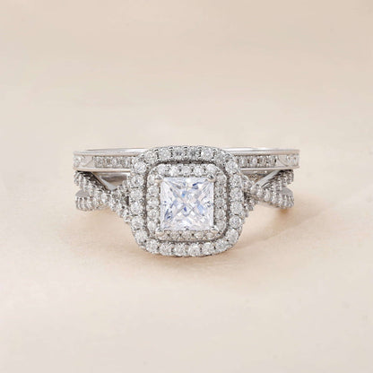 JeenMata 1.25 karat - Kvadrat Moissanit - Cüt Halo - Bükülü Band - Vintage Terinə Uyğun - Pave - Zərif Üzük Dəsti 18K Ağ Qızıl Örtülü Qadınlar Üçün YoxYox