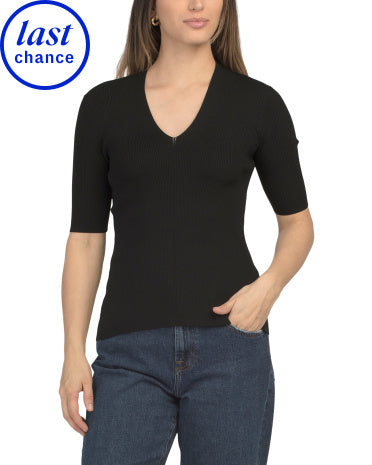 Elbow Sleeve V-neck Rib Pull Over Qadın Bluzası