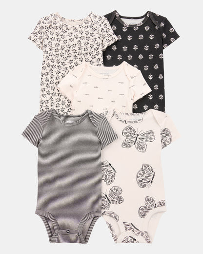 Carter's Qız Uşaq 5 Paket Çizgili Kəpənək Qısa Tənəkəli Pambıq Bodysuit - Qara/Ağ