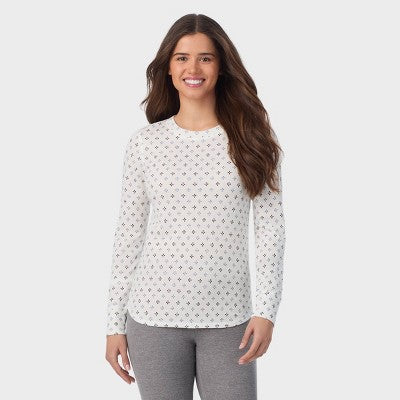 Warm Essentials by Cuddl Duds Qadın Vafli Uzun Qol Crewneck Bluzka - Çəhrayı Kareli S