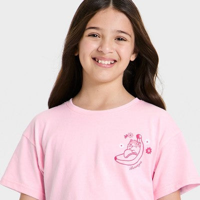 Qız Bananya Qısa Kollu Oversize Qrafik T-Shirt - Çəhrayı M