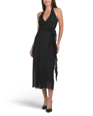 SEE YOU MONDAY Mesh Halter Ruffle Tie Maxi Dress