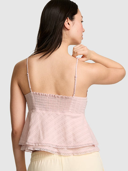 PINK High-Low Lace-Trim Ruﬄe Cami