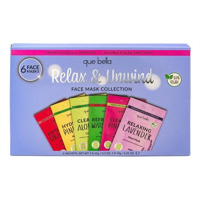 Que Bella Relax & Unwind Üz Maskası Kolleksiyası - 6 əd: Vegan, Normal və Həssas Dəri üçün, Ətirli