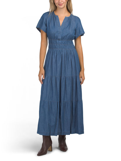 Üçlü Elastikli Smok Bel Chambray Maxi Geyim