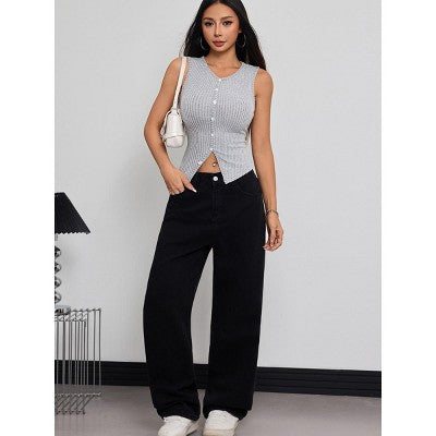Coolmee Qadın Krop Bluzka Yay Bahar Ribli Atlet Seksi Düymələr T-Shirt Moda L Boz