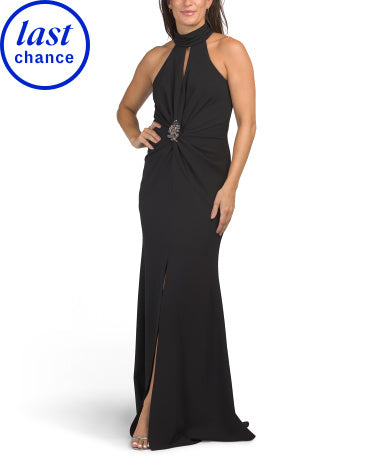 TAYLOR Shirred Halter Neck Embellished Gown