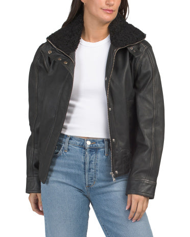 SAM EDELMAN Stand Collar Dəri Gödəkçə