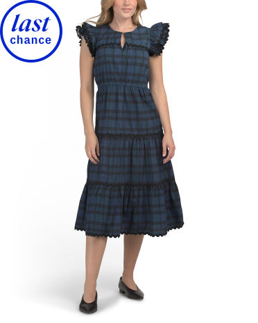 SAIL TO SABLE Blackwatch Flutter Sleeve Midi Dress With Keyhole Front