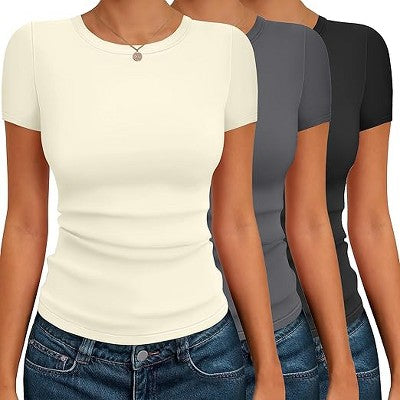 Ekouaer Qadın Qısa Kollu Köynək 3-Pack Crew Neck Yüksək Dar Fit Əsas Tişört Qara/Ağ/Qəhvəyi S