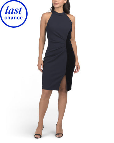 BETSY &amp; ADAM Petite Halter Neck Midi Dress With Velvet Strip
