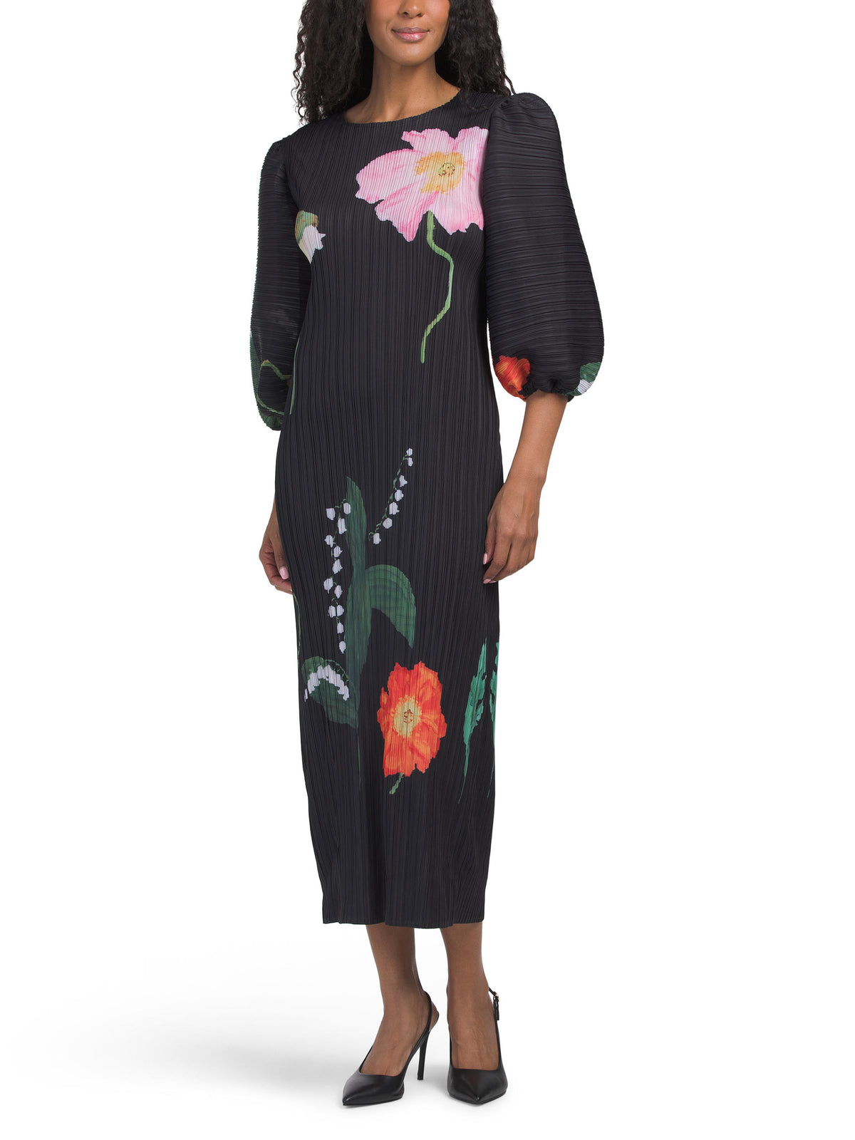 NANCY YANG Çiçəkli Büzüşdürülmüş Midi Geyim