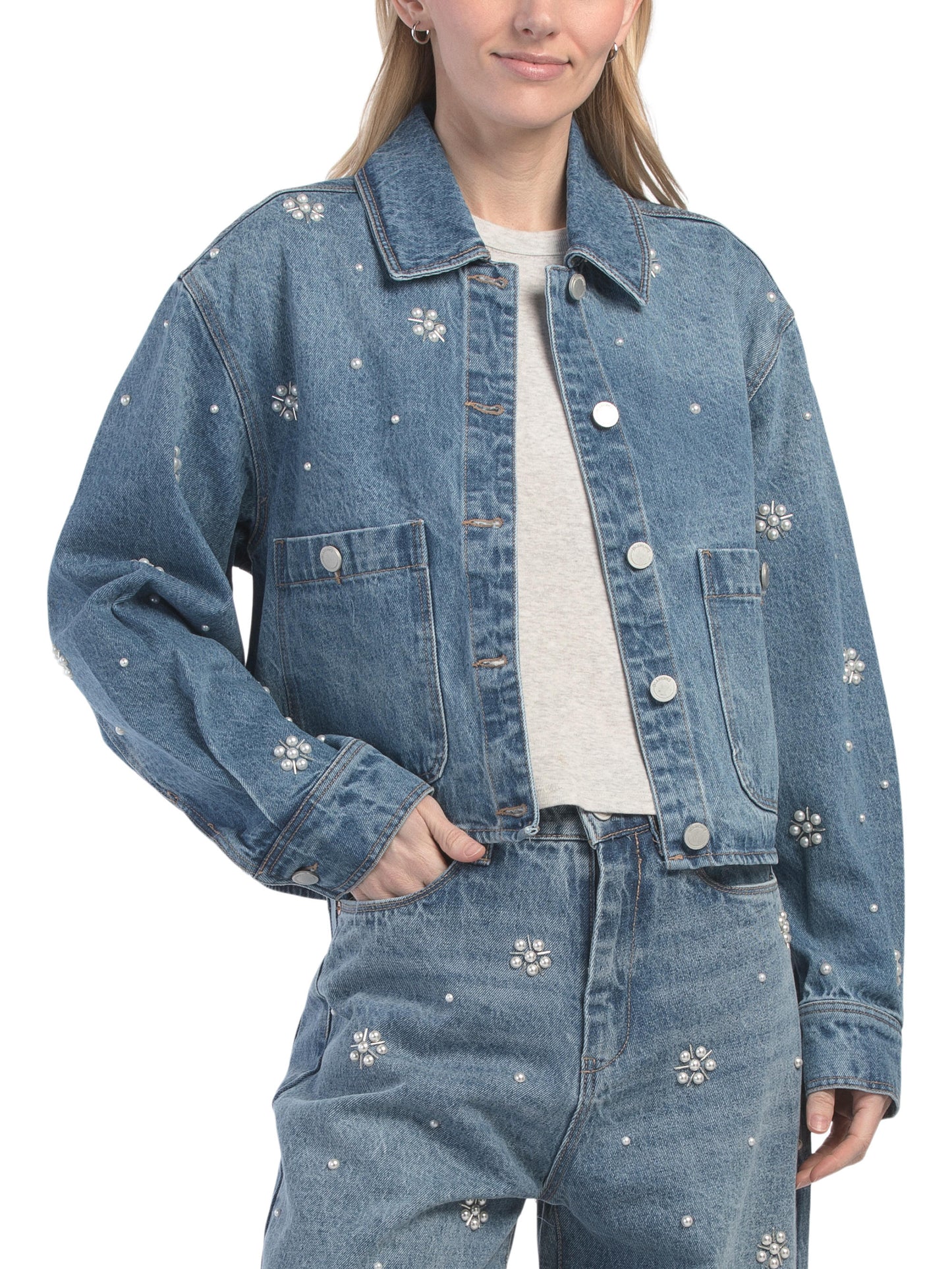BLANK NYC Çiçəkli Bəzəmə Denim Gödəkçə