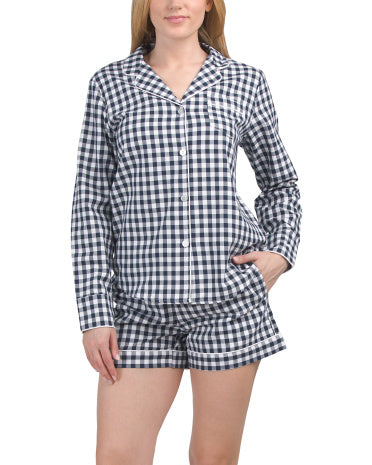 PETITE PLUME 2 Parça Pambıq Kareli Uzun Kollu Bluzka və Şort Pijama Dəsti