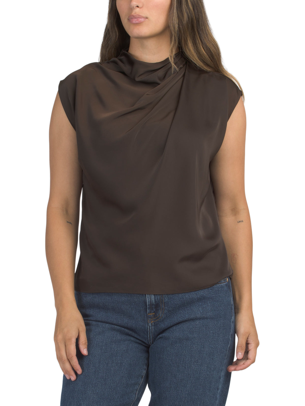 MODERN WORKS Mat Satin Yüksək Boyunlu Çiyin Qatlamalı Bluzka