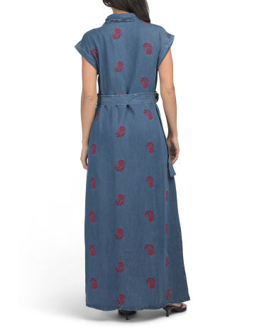 SOLITAIRE Qısa Kollu Çiçəkli Işlemeli Denim Maxi Geyim