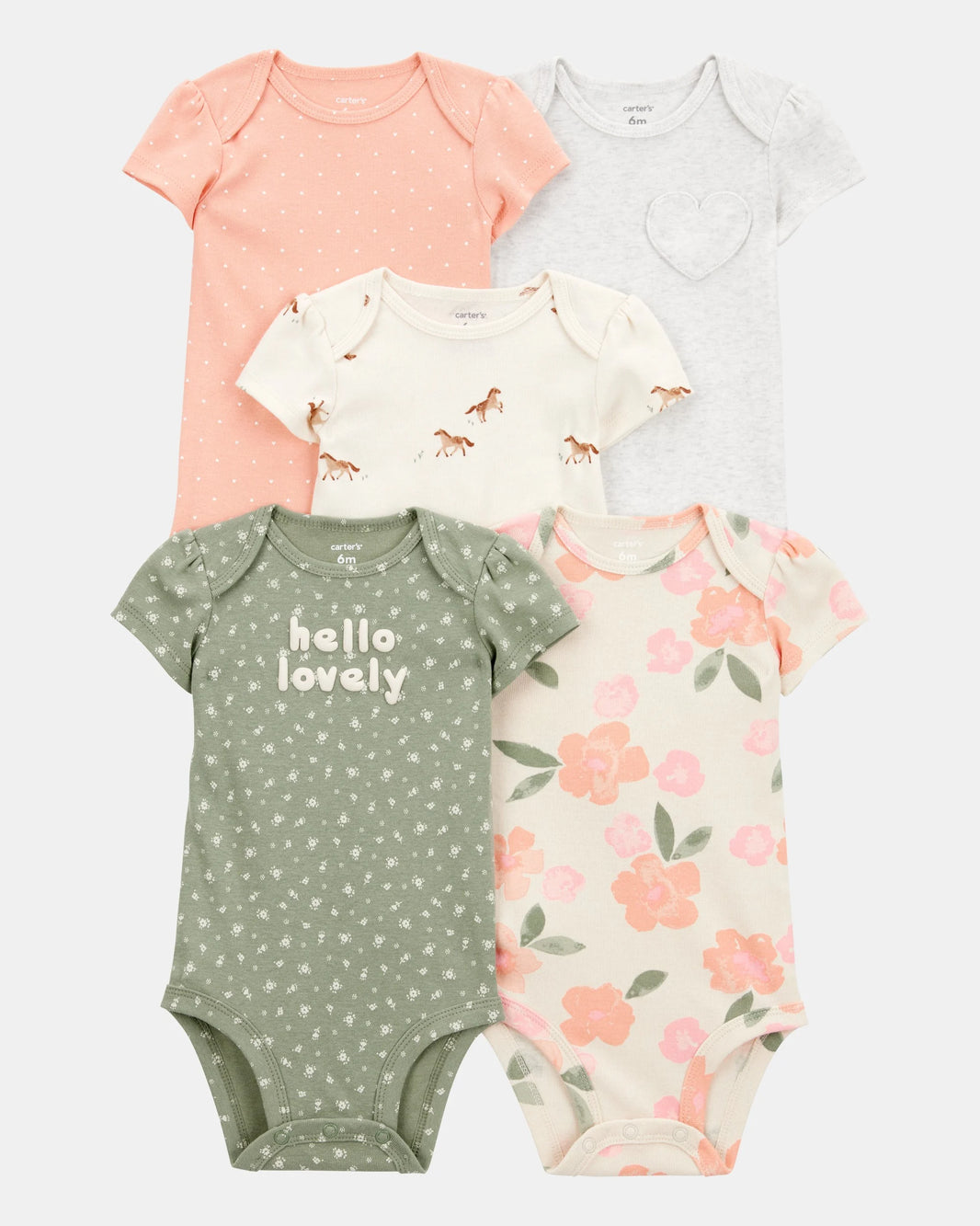 Carter's Qız Uşaq 5 Paket Çiçək Atlar Qısa Tərəfli Pamuk Bodysuit - Çəhrayı/Yaşıl