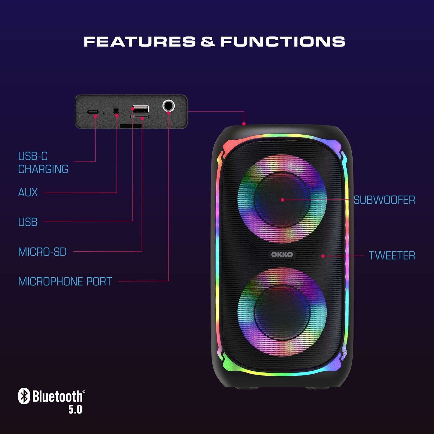 OKKO Sonic Bass V4 Portativ Bluetooth Dinamiki - Simsiz Parti Dinamiki Dərin Bas, Mikrofonlu Karaoke Dinamiki, LED İşıqlar, Açıq Hava Portativ Şarj Olunan Dinamiki YoxYox
