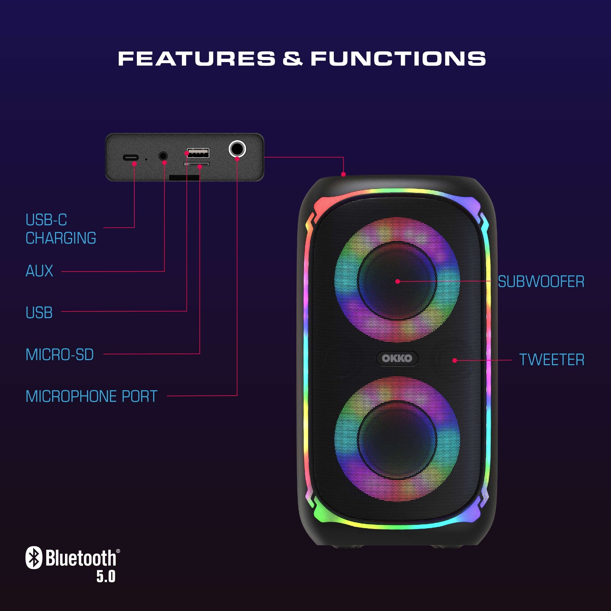 OKKO Sonic Bass V4 Portativ Bluetooth Dinamiki - Simsiz Parti Dinamiki Dərin Bas, Mikrofonlu Karaoke Dinamiki, LED İşıqlar, Açıq Hava Portativ Şarj Olunan Dinamiki YoxYox