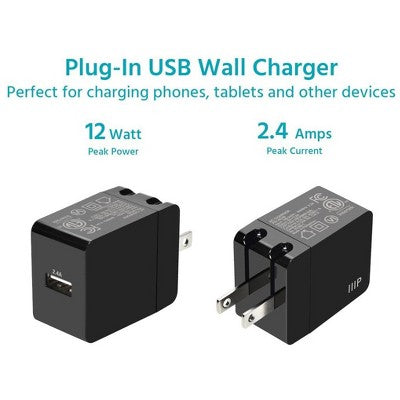 Monoprice 12W USB-A Divar Şarji - Qatlanabilir, Kompakt, Telefonlar və Tabletlər üçün, Qara