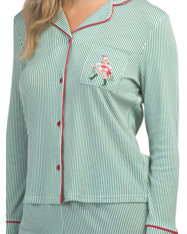 CATH KIDSTON Pamuklu Əriş Çizgili Üst və Şalvar Pijama Dəsti Əsgər Broderiası ilə