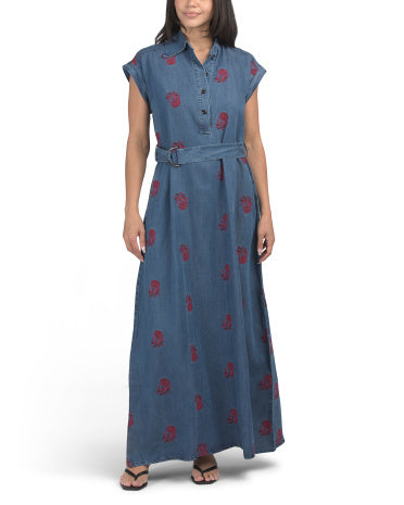 SOLITAIRE Qısa Kollu Çiçəkli Işlemeli Denim Maxi Geyim