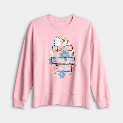 Qadın Peanuts Snoopy & Woodstock Çiçəkli Ev Qrafik Frənç Terri Sweatshirt