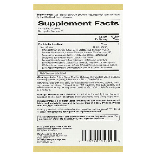 California Gold Nutrition Lactobif 65 Probiotiklər 30 Bitki Kapsulu