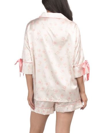 DALIA MACPHEE Çiçəkli Satin Bluzka və Şortlu Pijama Dəsti Qövs Detalları ilə