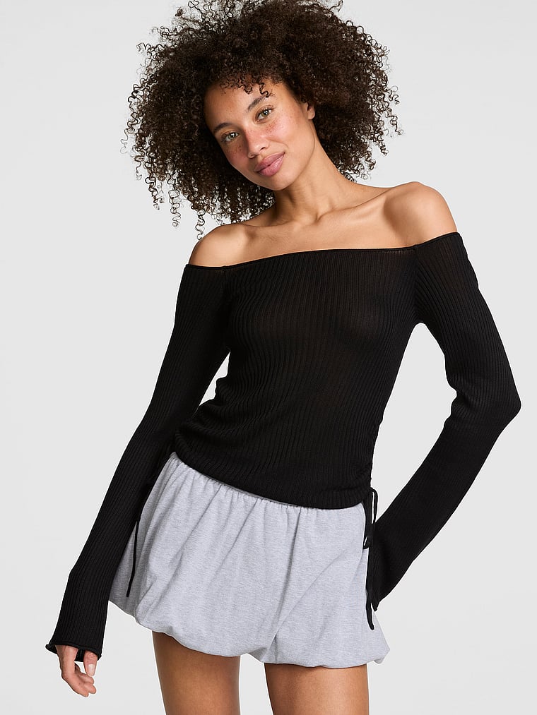PINK Side-Ruched Oﬀ-The-Shoulder Sweater