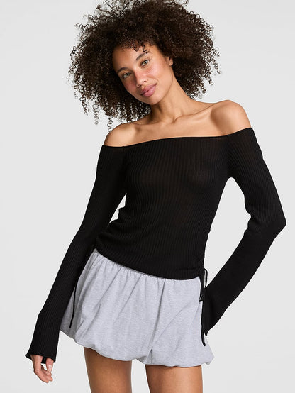 PINK Side-Ruched Oﬀ-The-Shoulder Sweater