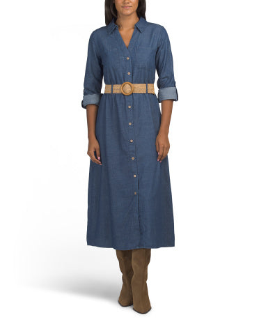 MINE Quarter Tab Sleeve Button Down Belted Denim Geyim