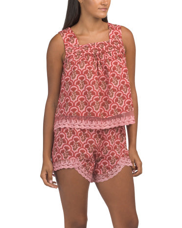 CAMBRIDGE &amp; COTTON 2-Parçalı Jaipur Lotus Pamuk Pijama Üstü və Şortu Dəsti Dantel Kənarı ilə