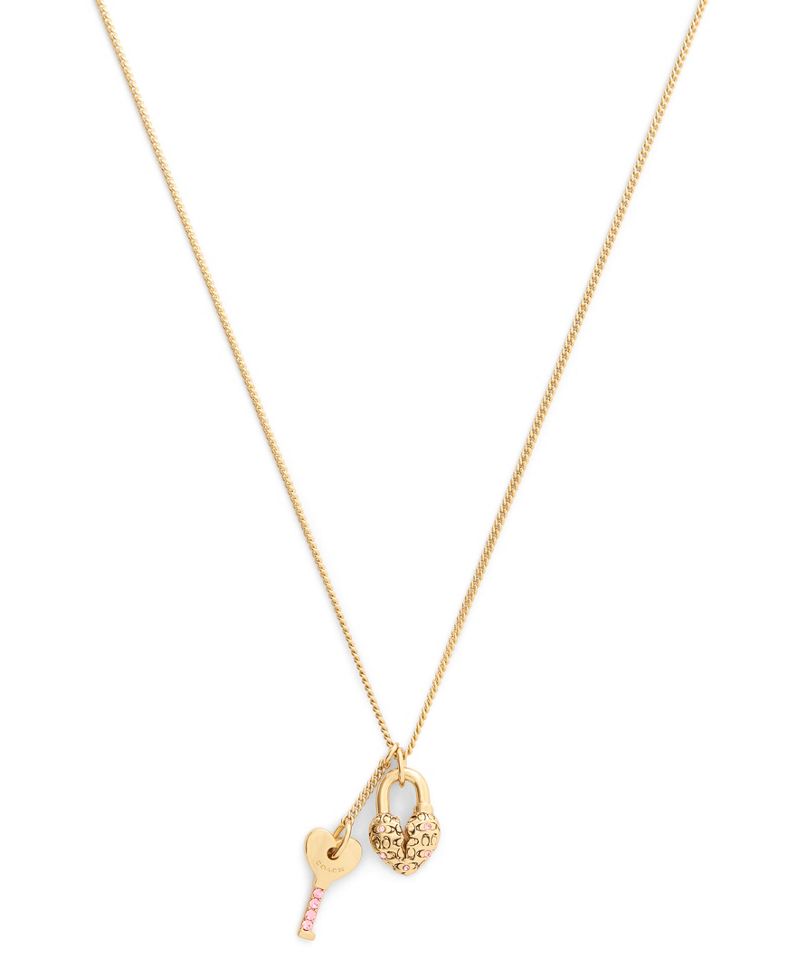 COACH Faux Stone Charming Charms Signature Padlock Key Pendant Necklace