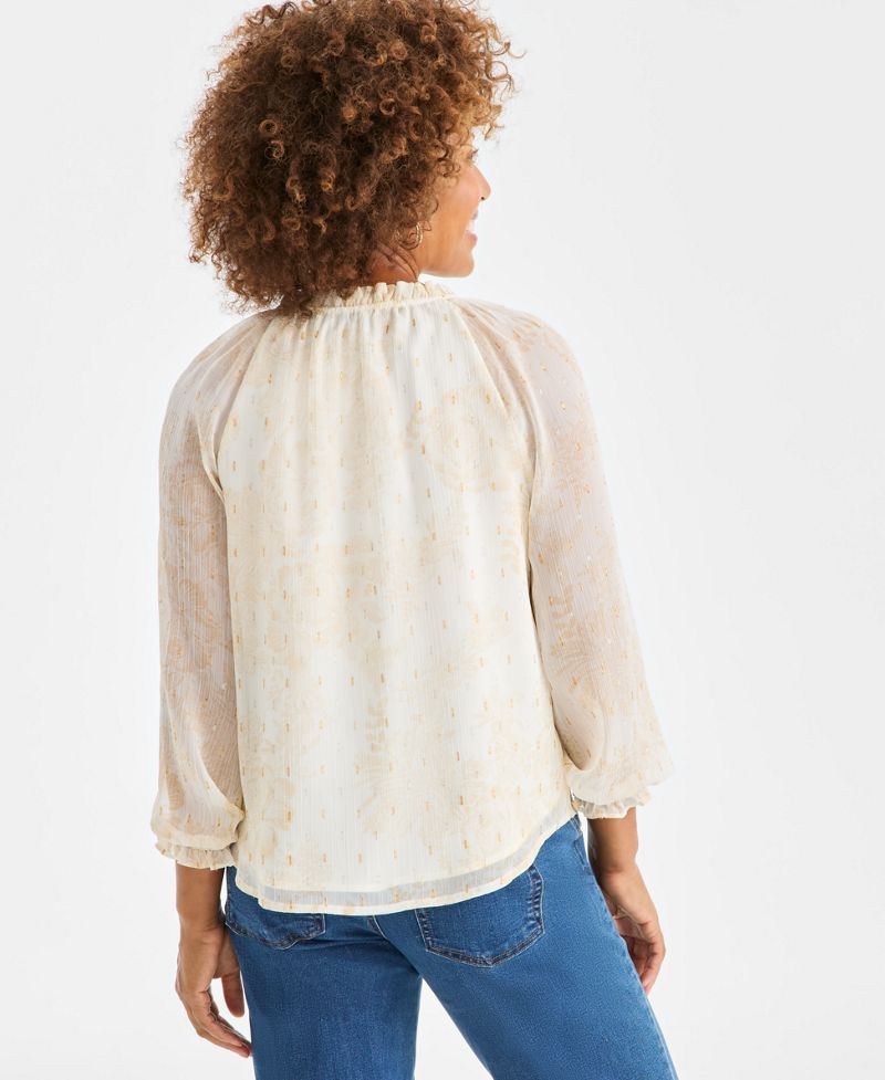 Style &amp; Co Petite Çiçəkli Parlaq Qırışlı Düymə Açılı Bluzka