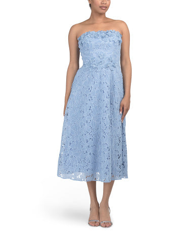 RENE BY RENE RUIZ Strapless 3D Çiçəkli Dantel Çay Uzunluğu Geyimi