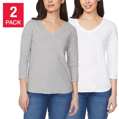 Kirkland Signature Qadın 3/4 Qol V-Yaxa Slub Köynəyi, 2-Pack, Boz