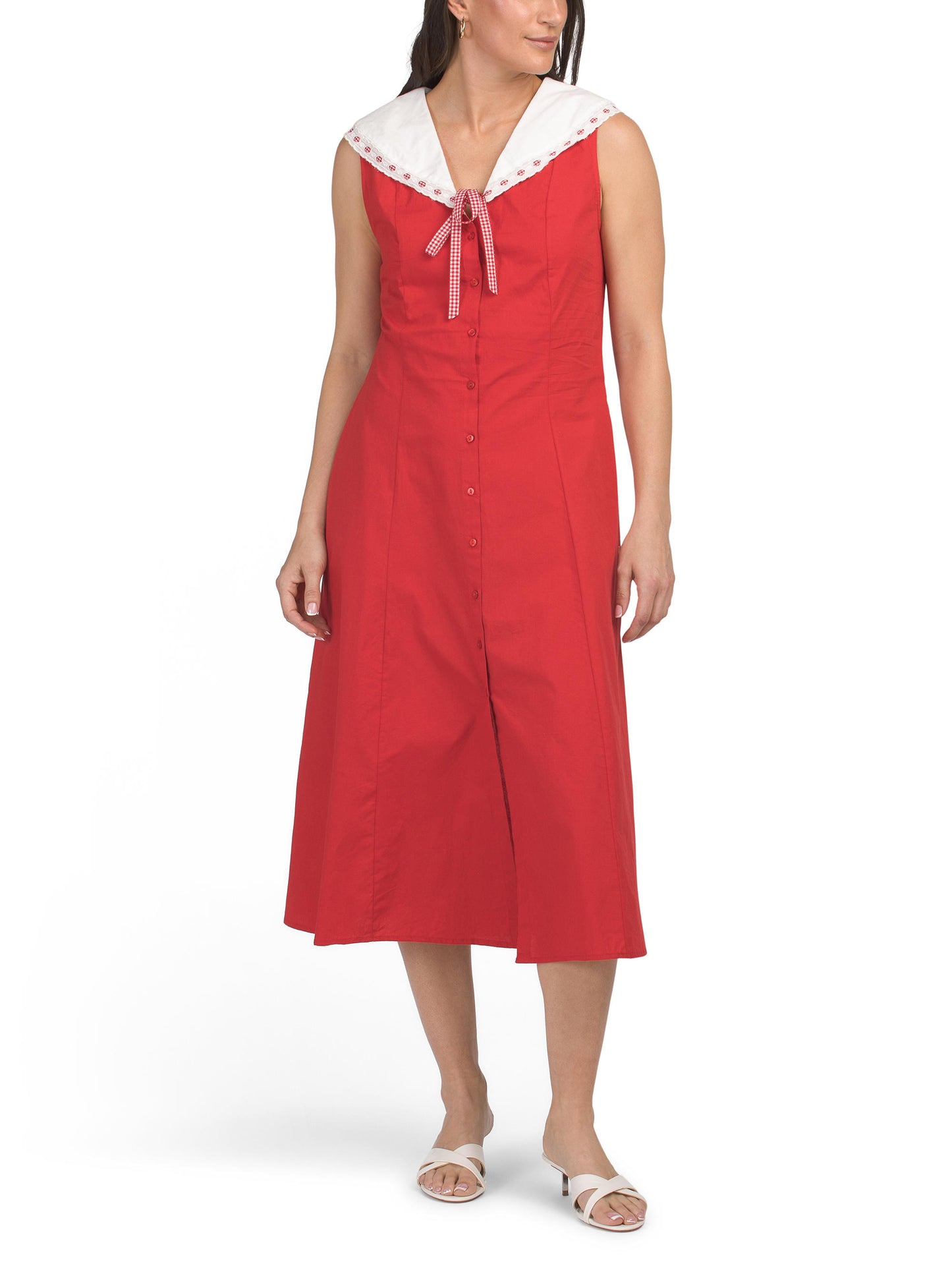 LEA Americana Contrast Collar Gingham Ribbon Maxi Geyimi