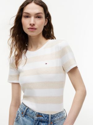 Tommy Hilfiger Rugby Zolaqli Crewneck Köynəyi, Bej Heather Zolaqli