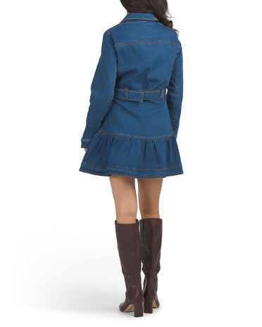 HOUSE OF HARLOW 1960 Uzun Qollu Denim Düyməli Mini Geyim Öz-Bağlayan Kəmərlə
