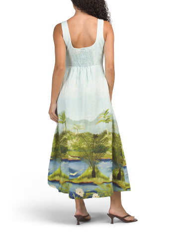 CALYPSO ST. BARTH Linen Gölçəyin Mənzərəsi Smocked Arxa Midi Geyim