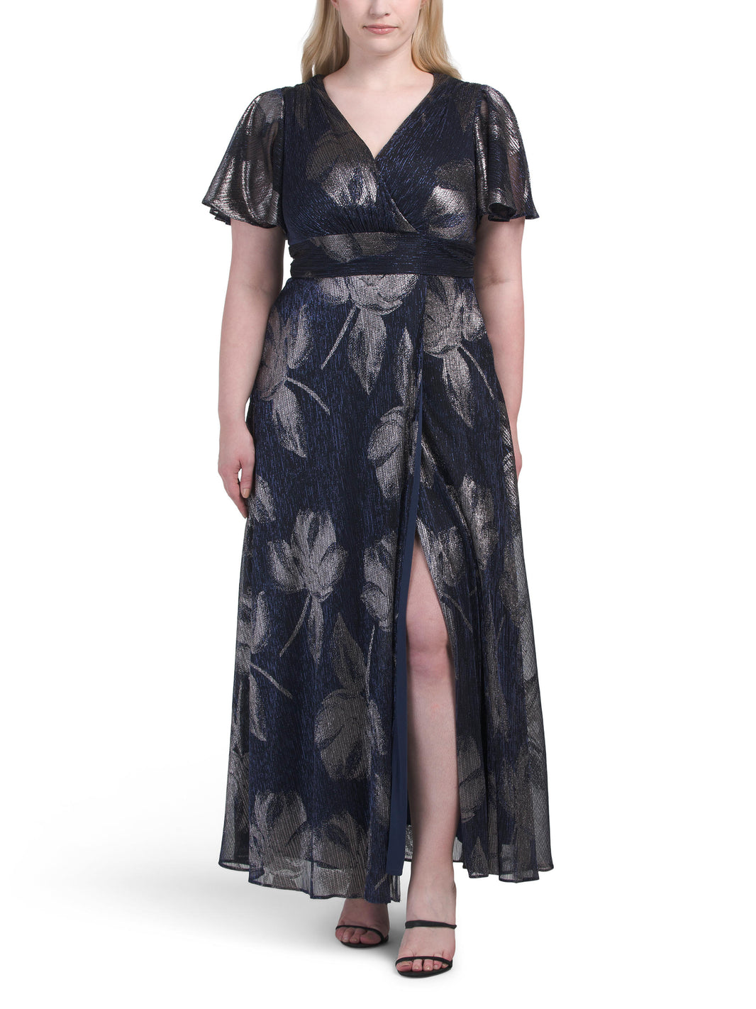 BETSY & ADAM Petite Flutter Sleeve Foil Printed Dress