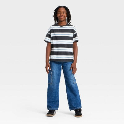 Cat & Jack Oğlan Qısa Kollu Çizgili Oversize T-Shirt Boz/Ağ M
