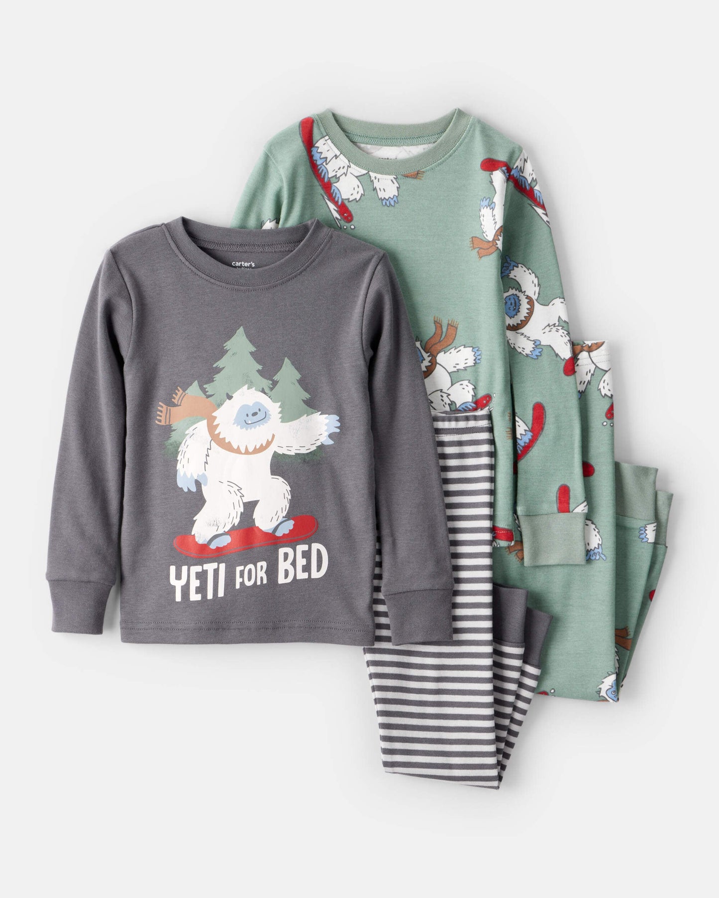 Carter's Uşaq Oğlan Yeti Baskılı 100% Pamuk Uzun Kollu Yapışan Oturuş 4 Parçalı Pijama - Boz/Yaşıl