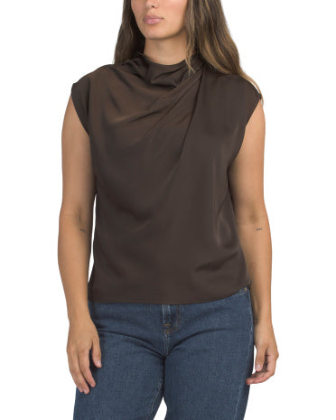 MODERN WORKS Mat Satin Yüksək Boyunlu Çiyin Qatlamalı Bluzka