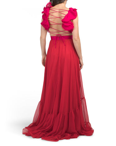MAC DUGGAL Rəngli Blok Qat Qat Omuz Geyimi