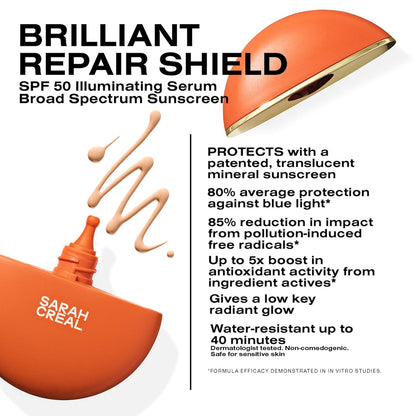Sarah Creal Brilliant Repair Shield Aydınlatıcı Geniş Spektrli Üz Mineral Günəş Kremi Serum SPF 50