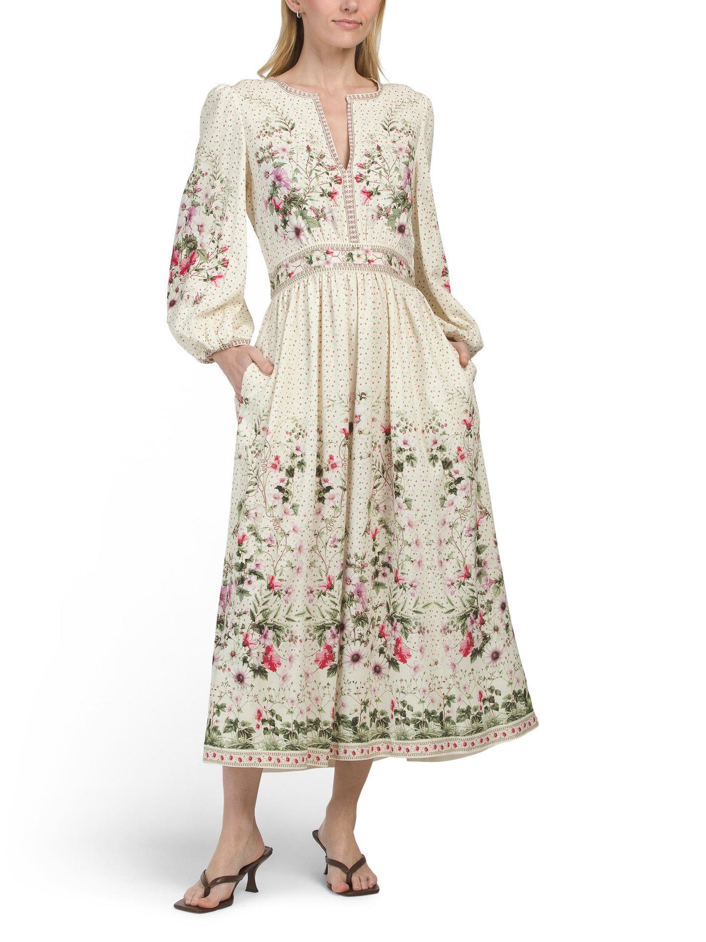 MAX STUDIO Puff Sleeve V-Neck Maxi Geyimi