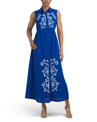 SOLITAIRE Kətan Qarışıq Kolsuz Embroidered Maksi Geyim